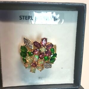 Opal, Chrome Diopside And Garnets Ring. Elegant Sterling Silver Floral Ring 9